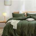 BESTOUCH Duvet Cover Set Queen Size 100% Washed Cotton Linen Feel Comfortable Soft Lightweight 3 Pcs Olive Green