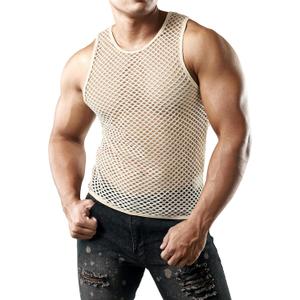 JOGAL Men's Mesh Fishnet Fitted Sleeveless Muscle Top (XX-Large, Beige)
