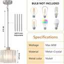 XSDeTu Brushed Nickel Pendant Light Fixtures, Modern Crystal Hanging Ceiling Light, 1-Light Mini Farmhouse Chandelier, Adjustable Hexagonal Island Lights for Kitchen, Dining Room, Bedroom, 2 Pcs