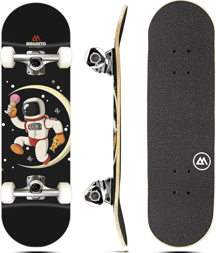 Magneto Complete Skateboard | 6-Layer Canadian Maple Double Kick Concave Deck | Beginners, and Teens