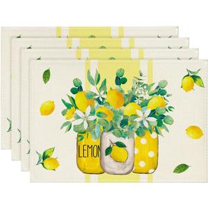 Artoid Mode Yellow Stripes Vase Lemon Summer Placemats Set of 4, 12x18 Inch Seasonal Spring Table Mats for Party Kitchen Dining Decoration