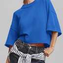 BTFBM Womens Short Sleeve Tops 2025 Summer Casual Crew Neck Oversized Sweater Solid Color Ribbed Knit T Shirts (Blue, XL)