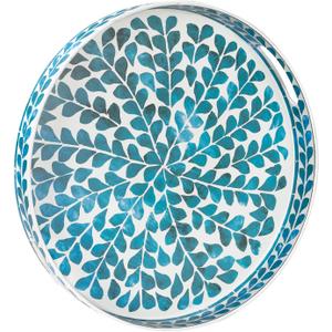 MAONAME Blue Decorative Tray, 13" Round Serving Tray with Handles, Leaf Pattern Sticker Trays for Coffee Table, Plastic Trays for Living Room, Bedroom