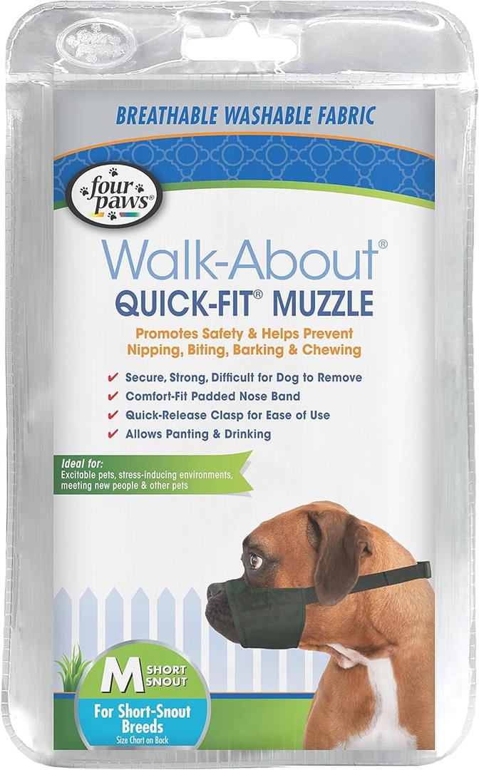 Four Paws Walk-About Quick-Fit Short Snout Adjustable Dog Muzzle for Medium Dogs, Washable & Breathable, Black, 1 Count