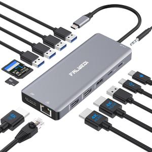 Laptop Docking Station Dual Monitor, 14 in 1 USB C Hub Multiport Adapter Dongle with 2 HDMI, DisplayPort, Ethernet, SD/TF, USB C/A Ports, PD, Mic/Audio, Compatible for MacBook Dell HP Lenovo (Grey)