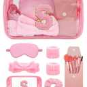 Gift Sets for Women, Initial Makeup Bag with Makeup Brush Set Bachelorette Party Favors, Pink Spa Kit with Skincare Headbands Wrist Bands Sleepover Party Supplies Gifts for Teen Girls Bridesmaid S