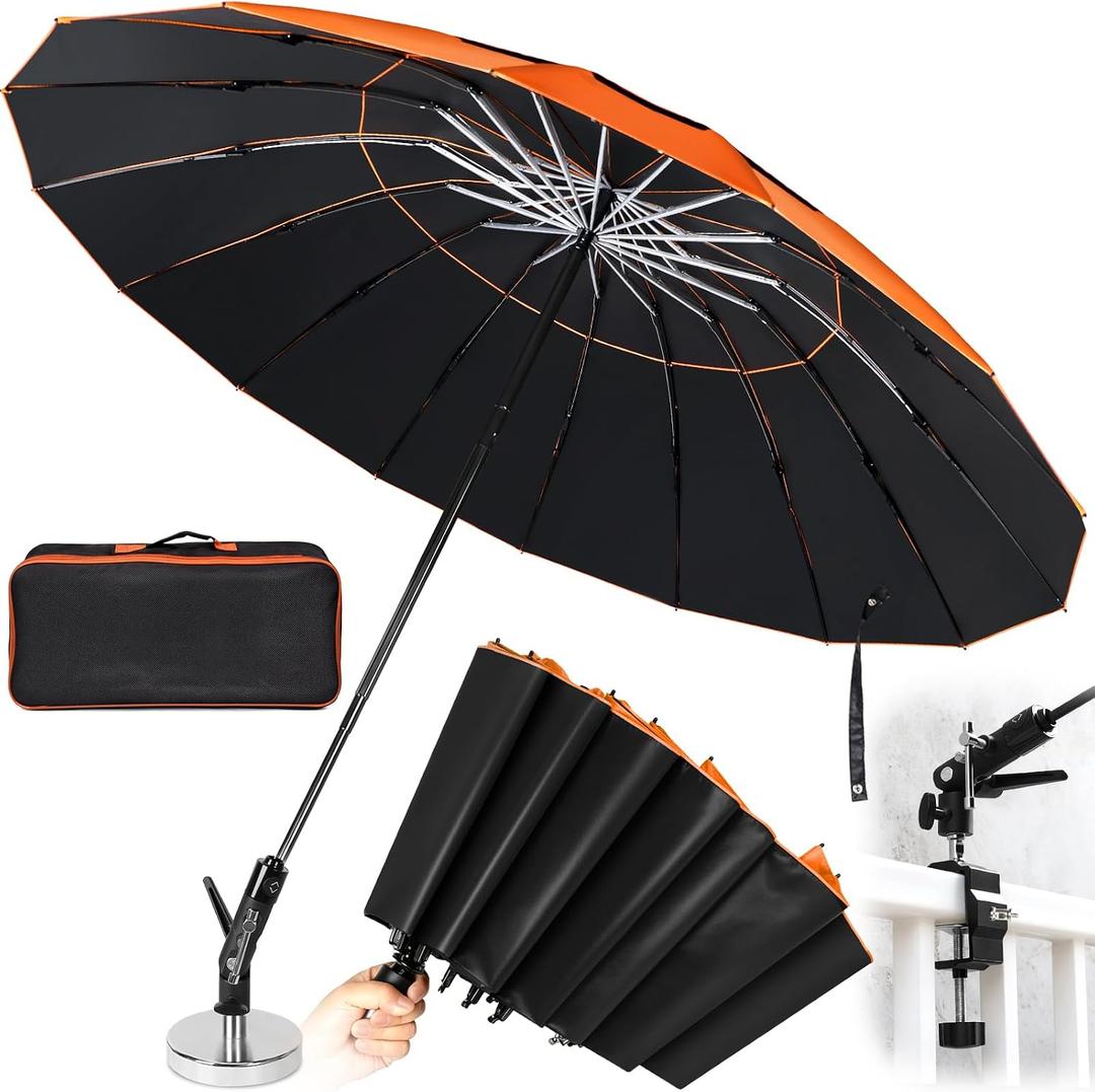 New 60" Folding 16 Ribs Magnetic Umbrella,Designed for Outdoor Work,600lb Strong Suction Hvac Umbrella With Magnetic Base & Clamp,Inverted Ribs,2-in-1 Sun & Rain Protection,Portable for HVAC