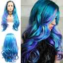 Lace Front Wig Highlight Blue Purple Colorful Wavy Ombre Wigs for Women Lace Frontal Pink Green Wig Synthetic Heat Resistant Natural Loose Wave Glueless Lace Wigs 24 Inch Daily Party Cosplay