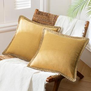 Phantoscope Pack of 2 Farmhouse Decorative Throw Decorative Pillow Cover Burlap Linen Trimmed Tailored Edges, Mustard Yellow, 22 x 22 inches