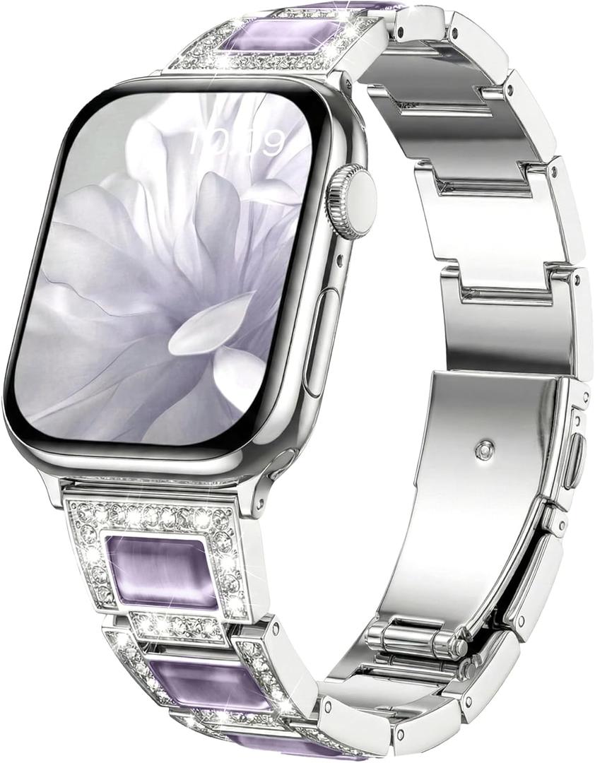 Dressy Silver iWatch Bands for Women - Compatible with Apple Watch Series 10-1/SE/Ultra, Fits 38mm 40mm 41mm 42mm 44mm 46mm - Luxury Designer Bracelet, Bling Jewelry Strap