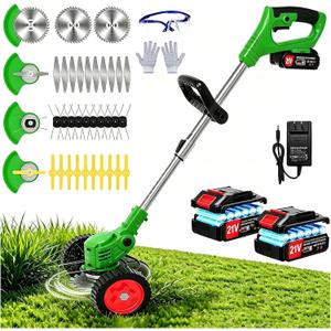 21V Electric Weed Wacker Cordless Weed Eater Battery Powered String Trimmer Battery Operated,3 in 1 Grass Trimmer/Brush Cutter/Lawn Edger, Metal Blades,Wheels, Stringless Weed Trimmer for Garden Yard