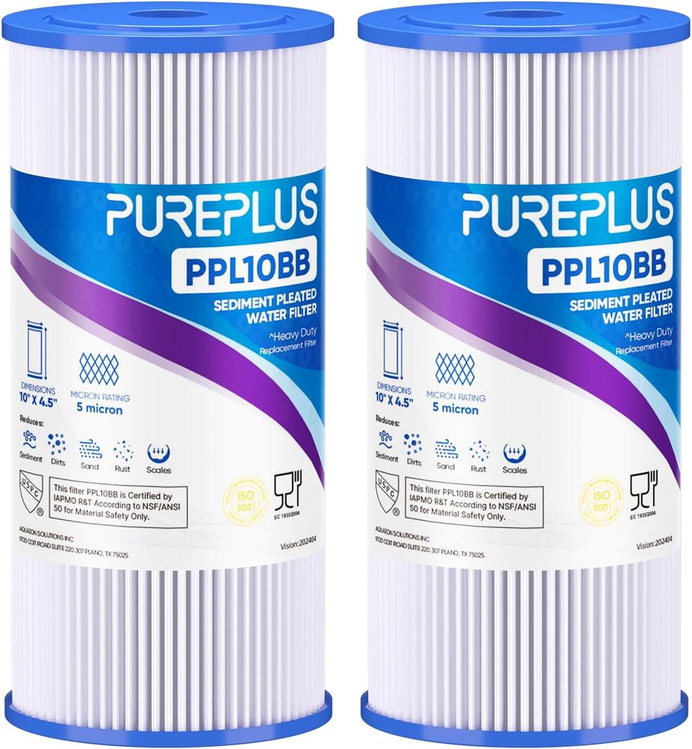 PUREPLUS 10" x 4.5" Whole House Pleated Sediment Filter for Well Water, Replacement Cartridge for GE FXHSC, Culligan R50-BBSA, Pentek R50-BB, DuPont WFHDC3001, American Plumber W50PEHD, GXWH40L, 2Pack (2 Count (Pack of 1))