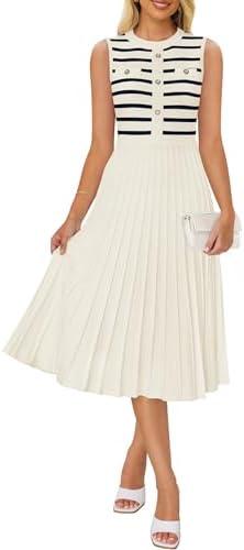 ZESICA Women's Sleeveless Striped Midi Dress Summer Crewneck Button Knit Swing Pleated A Line Casual Dresses, Beige, Medium
