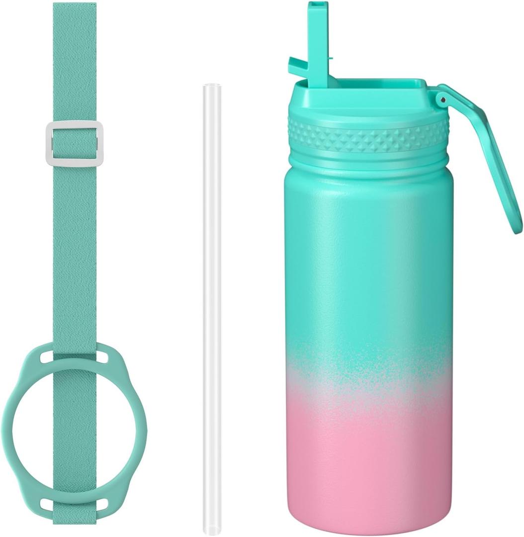 MURRICON 16oz Kids Water Bottle for School,Stainless Steel Water Bottles Kids with Straw,Vacuum Insulated Water Bottle for Kids,Gifts for Boys and Girls,GreenPink