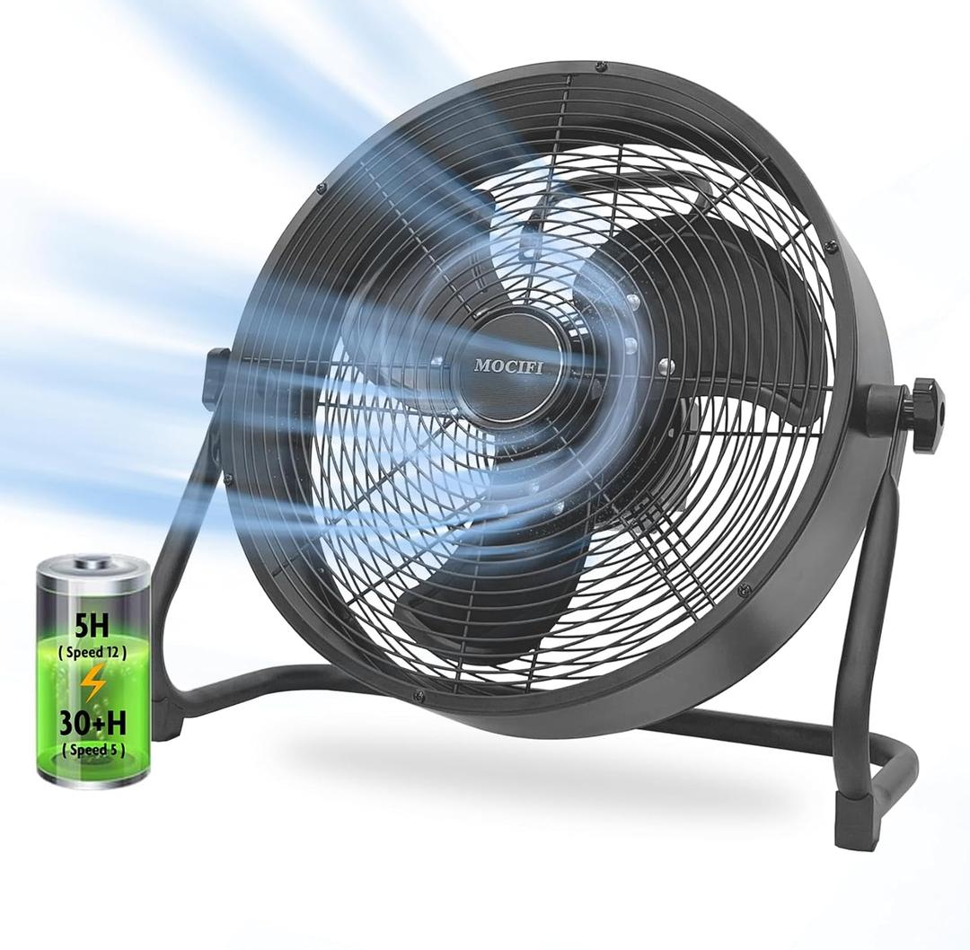 Battery Operated Fan 12-Speed Rechargeable Floor Fan High Velocity Portable Cordless Outdoor Fan, USB Output For Phone, for Camping, Travel, Patio, Indoor, Black, Black Blade, 12 Inch