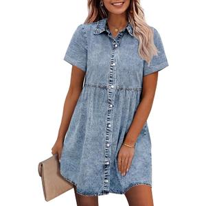 Wenrine Women's Summer Denim Dress Button Down Short Sleeve Casual Tiered Babydoll Jean Dresses (S, Blue)