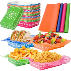 Mexican Taco Nights Food Trays - 120P Hispanic Heritage Month Mexican Wax Paper Deli Trays Nacho Popcorn Grease Proof Container Unassembled Disposable Taco Carnival Birthday Party Containers