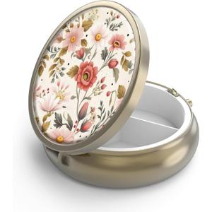 Pill Case Pill Box with Mirror Retro 3 Compartment Small Pill Case for Purse or Pocket Bronze Small Roud Pill Box or Vitamins, Fish Oil, Supplements, Pill Containe Travel GiftsRetro Red Flowers