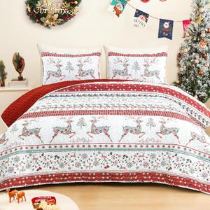 Exclusivo Mezcla Reversible Christmas Quilts King Size, Red Bedspread Lightweight Coverlet Winter Quilt Bedding Set with Printed Striped Flowers Reindeer Pattern (1 Quilt, 2 Pillow Shams)