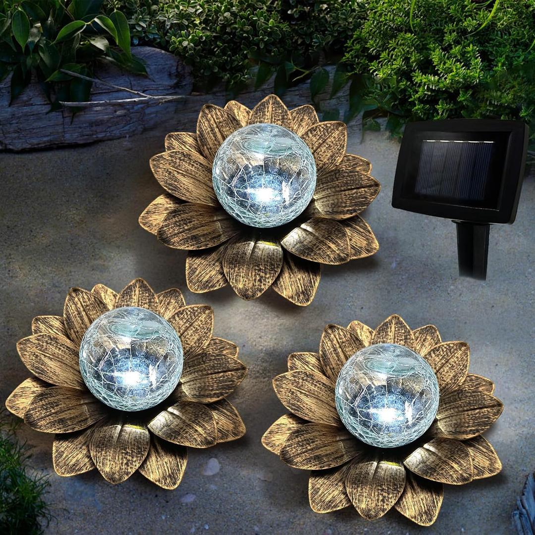 LEWIS&WAYNE Solar Garden Lights Outdoor, 3 Pcs Coppery Lotus Flower Pathway Lamps with Cool White Crackle Glass Globe Led Lights for Patio Pathway Yard Balcony Garden Decorations