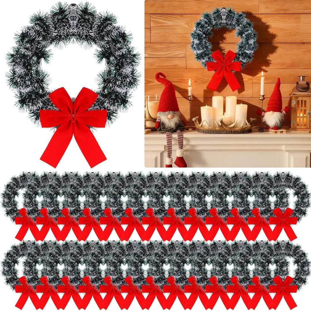 Wavyknot 24 Pack 9.5 Inch Christmas Tinsel Wreath with Red Velvet Bow Cabinet Bows Chair Wreaths for Windows Kitchen Home Decoration Holiday Crafting