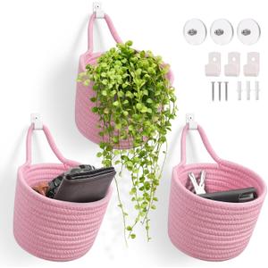 Fabric Wall Hanging Baskets - 3Pack Woven Pouchs Boho Style Wall Mounted Bag with Adhesive Hooks, Storage Organizers and Decoration Pocket Caddy Bins on Door Rack (Bright Pink & White, Large)