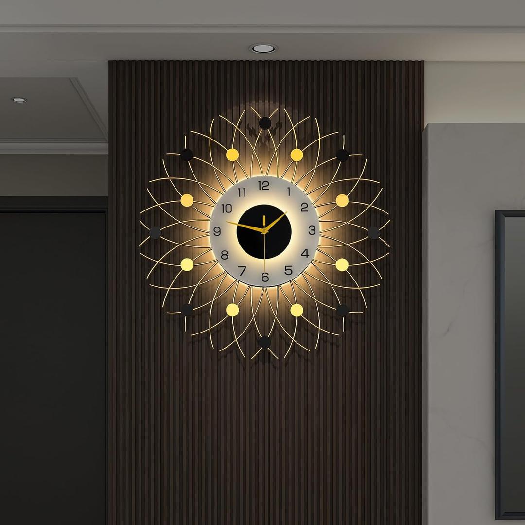 Large Gold Starburst Wall Clcok with Light for Living Room Decor, 24 Inch