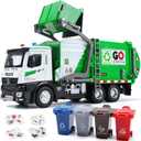 HOLYFUN 12'' Electric Garbage Truck Set with Front Loader/Metal Cab, Friction-Powered Recycling Vehicle with Dumpster, 4 Trash Bins & Sorting Cards, Trash Truck Toy with Lights/Sounds for Kids