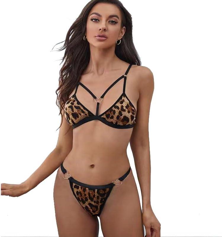 Women's Two Piece Love Loop Lingerie Leopard Print Cheeky Bikini Sets Sexy Halter Ring Triangle String (Black, L)
