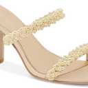 Womens Chunky Heeled Sandals Pearl Strappy Open Square Toe Slip-on Block Heels Backless Mules Shoes (6, Khaki)