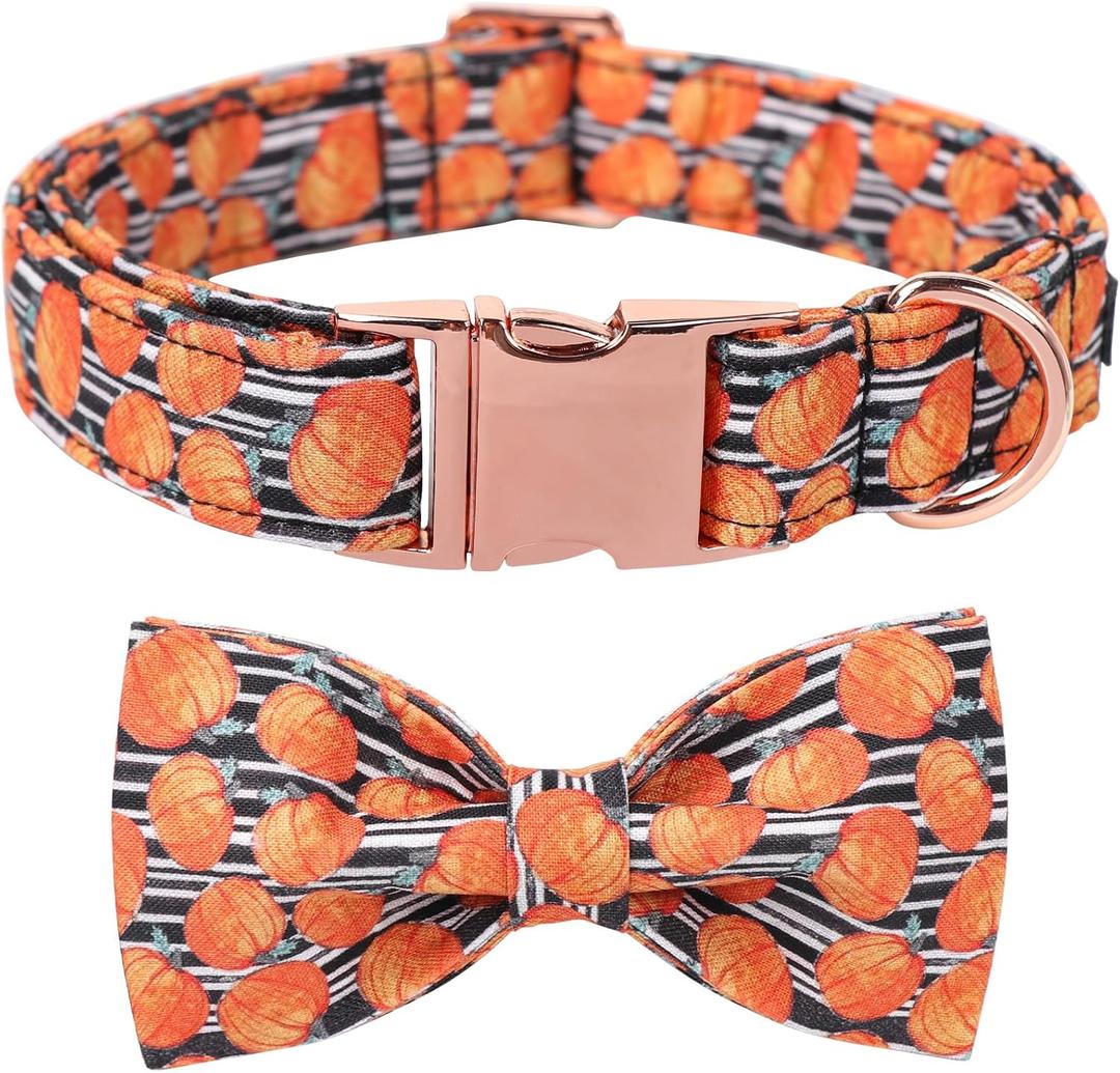 Maca Bates Halloween Collars for Dogs Cotton Soft Pumpkin Dog Collar with Metal Buckle Dog Collar with Bow Tie Adjustable for Small Medium Large Dog