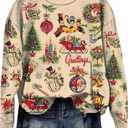 Women Christmas Cartoon Fun Gift Casual Sweatshirt Xmas Novelty Christmas Light Casual Pullover Fall Sweatshirt (Apricot)