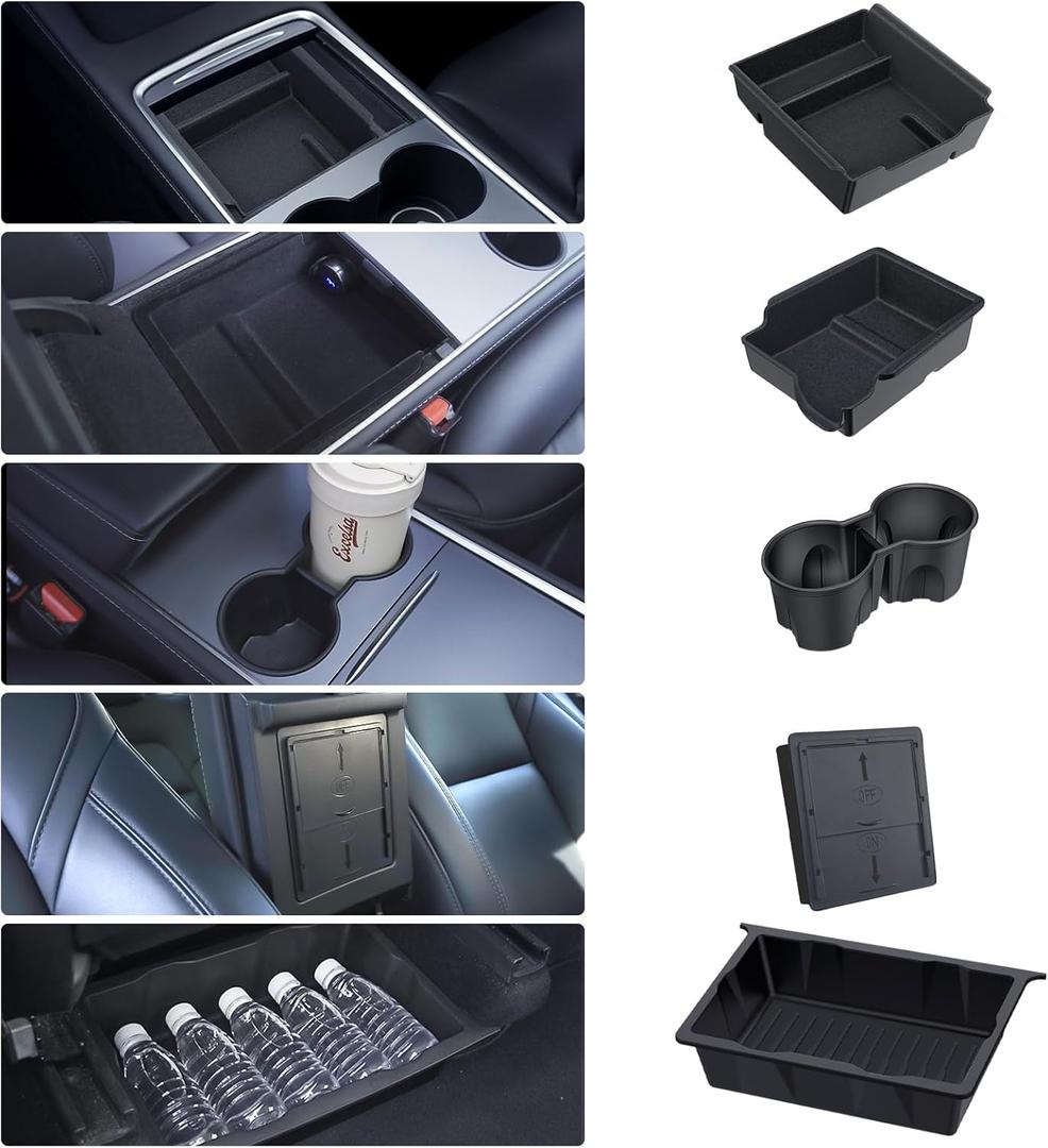 Center Console Organizer Tray 5PCS for Tesla Model Y Accessories 2024 2023 2022 2021 2020, Armrest Storage Tray and Hidden Storage Box, Cup Holder Insert, Under Seat Storage Box (Full-Black)