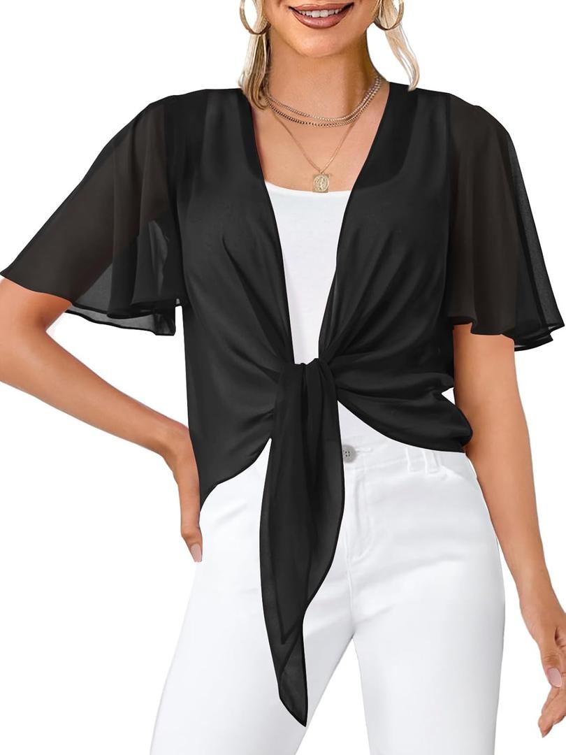 MEROKEETY Women's Summer Lightweight Sheer Shrugs Tie Front Chiffon Cardigan Cover Up Shawls for Evening Dresses (Black, XL)