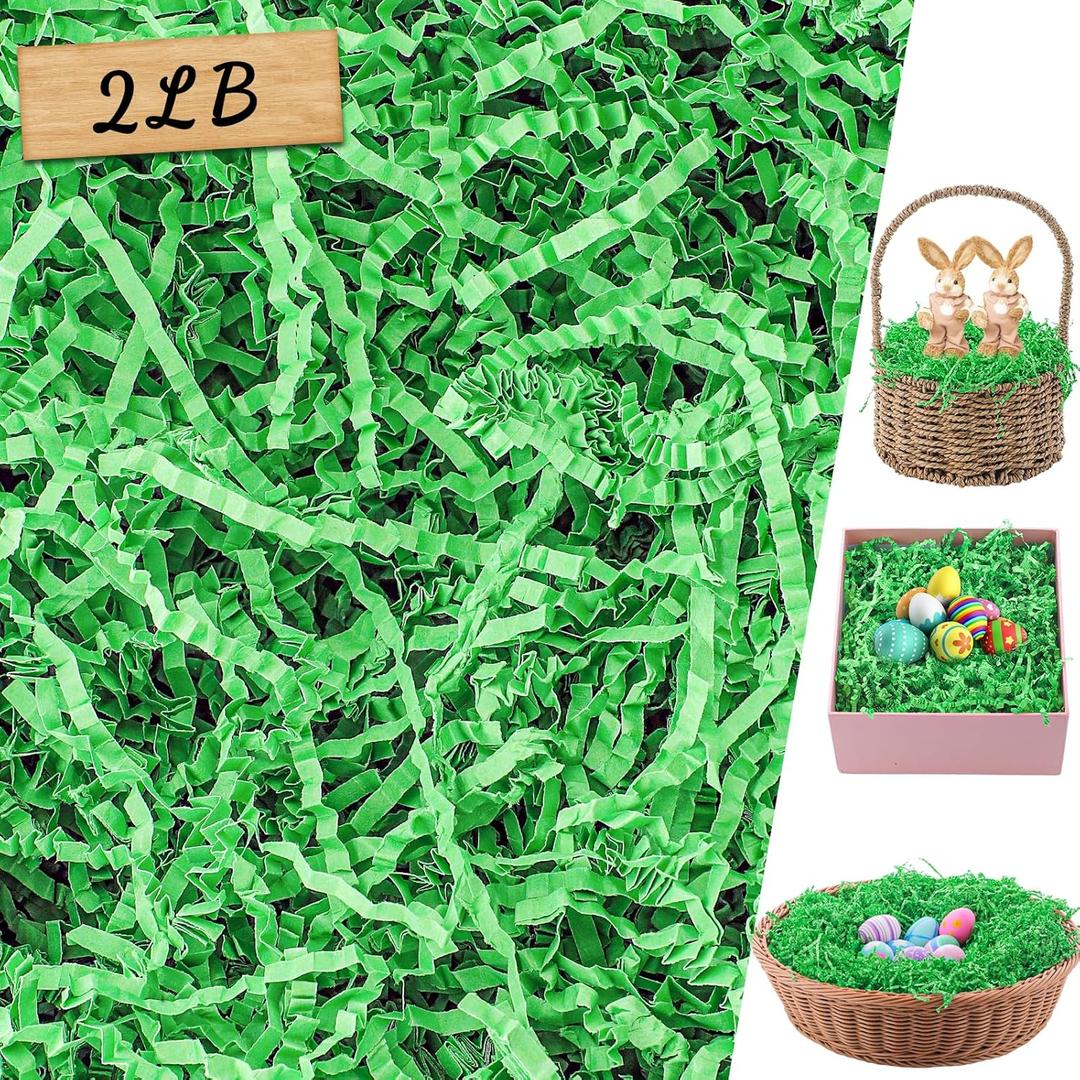 Woric 2 LB(900g) Easter Grass Basket Filler, Green Crinkle Paper Shredded Paper for Gift Baskets Easter Egg Hunt Gift Wrapping Boxes Bags Filler St. Patricks Day Decorations