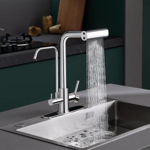 ROVATE 3-in-1 Kitchen Faucet with Water Filter Chrome - 4-Mode Pull-Out Sprayer, Dual Handle, Drinking Water Faucet, 1 or 3 Hole Installation, Includes Deck Plate (Without Filtration Device)