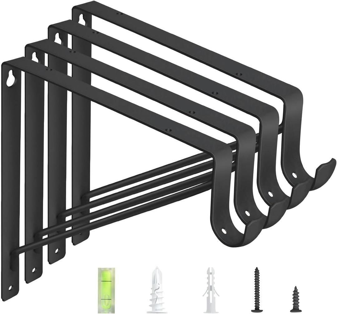 4-Pack Closet Rod Bracket, 10.8x10.8Inch Closet Shelf Brackets Heavy Duty Wall Mounted, Matte Black Steel Closet Rod Support Brackets Holder, 300 Lbs Load Capacity with Anchors Screws Black