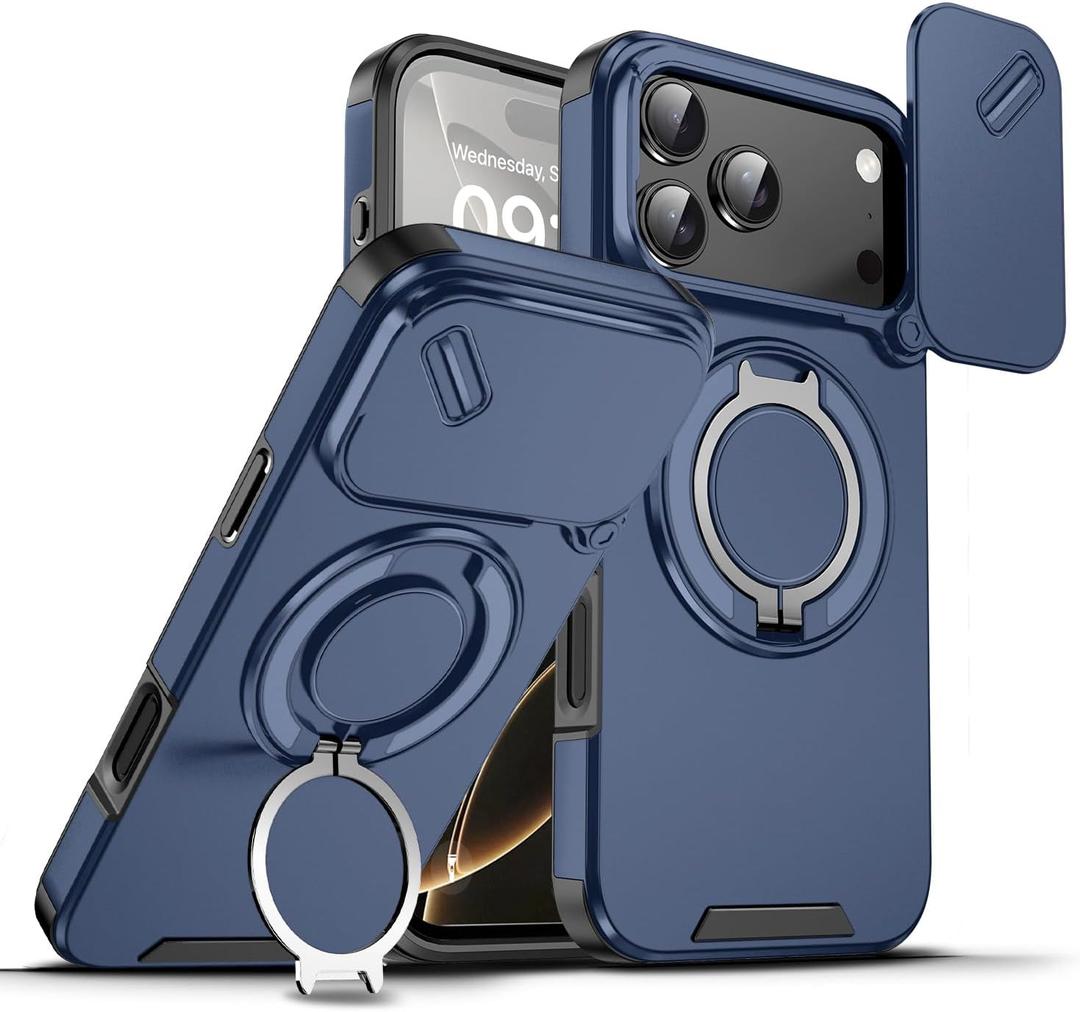 Chubbycable Phone Case for iPhone 17 Pro Max Chubbyarmor 2.0 Military-Grade Shockproof Magnetic Case with Camera Slide & 360 Kickstand Ring, Blue