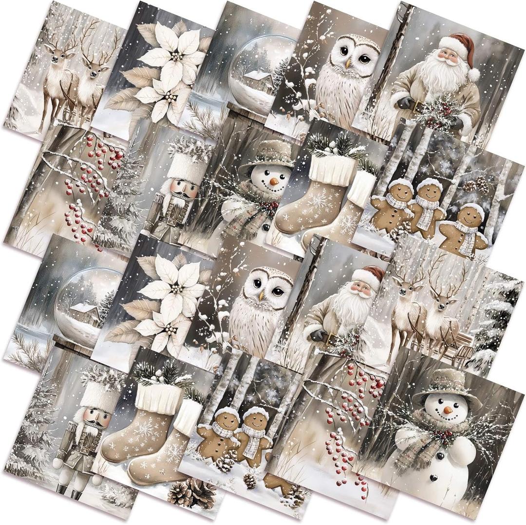 Hahafelt 10 Pcs Winter Quilting Fabrics Bundles 20 x 20 Inch Snowflake Snowman Neutral Square Fat Quarters Vintage Fabric by The Yard Precut Sewing Patchwork for Winter Holiday DIY Craft Decor