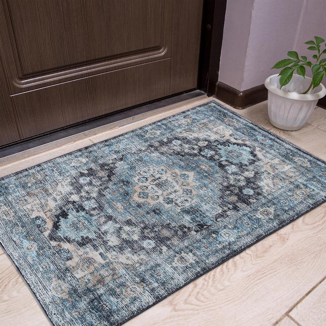 Blue Door Mat Entryway Rug, 2x3 Soft Non-Slip Machine Washable Low-Pile Throw Rug for Living Room Bedroom Kitchen Entrance