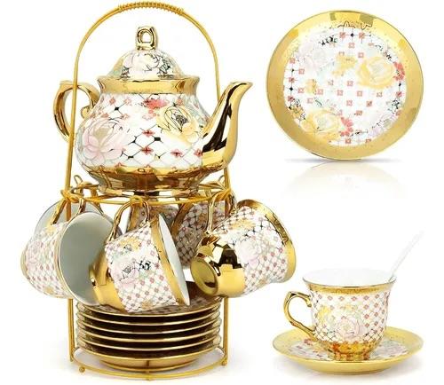 Premium Ceramic Tea Set of 13 PCS Teapot (800ML) with 6 Cups (180ML Each), 6 Saucers & Holder Stand Elegant Gift for Tea Lovers Ideal for Home, Office & Parties (Check White)
