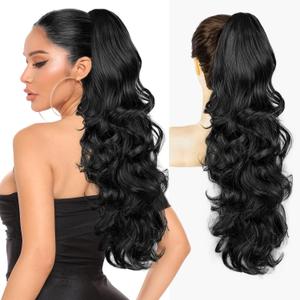 Black Ponytail Extension, 24" Claw Clip in Ponytail Extensions Long Curly Wavy Ponytail Hair Extension Jaw Clip on Pony Tails Hairpiece for Women