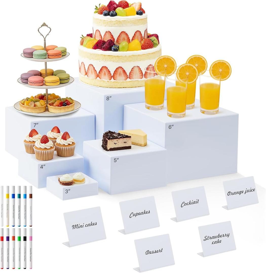 Nestable Buffet Risers - 6 Pcs White Acrylic Food Risers with Signs & Markers  Sturdy Dessert Table Display Stands for Parties, Catering, Jewelry & Collectibles (Easy-Store Stackable Cubes: 8", 7", 6", 5", 4", 3")