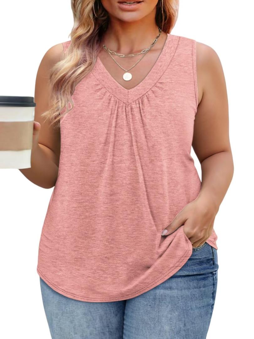 DOLNINE Plus Size Womens Tank Tops Summer V Neck Sleeveless Shirts Pleated Fashion Loose Fit Blouses Clothes Coral 5XL