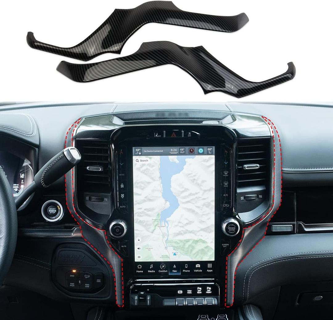 Korlot Central Control Navigation Screen Side Cover Trim for Dodge Ram 1500 2500 3500 2019-2026 (Carbon Fiber Pattern)