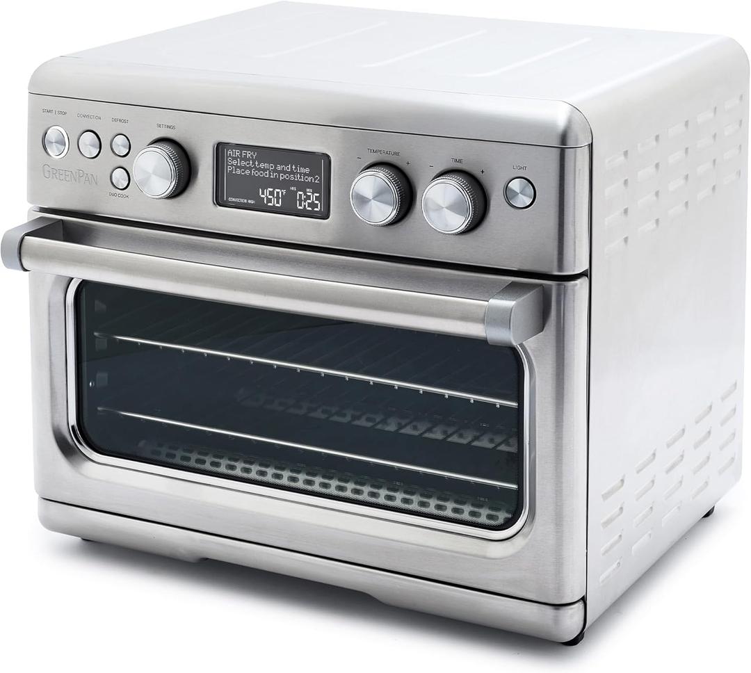 GreenPan 13-in-1 Elite Countertop Convection Oven and Air Fryer, PFOA and PFAS-Free Ceramic Tray and Pizza Pan, Adjustable Racks, Multifunction Presets, Toaster, Bake Broil Roast, Stainless Steel