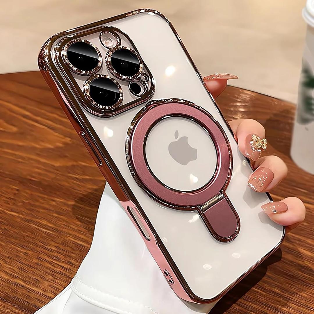 Case for iPhone 15 Pro 6.1", Compatible with MagSafe, Luxury Plating Shockproof Clear Phone Cover with Invisible Stand, Full Camera Lens & Screen Protector for Women Girls, Titanium Pink