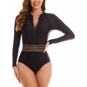 YATEEN Womens Athletic Training Swimsuit Long Sleeve Rashguard (Small, #16 Black)