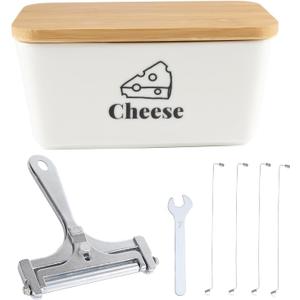 Cheese Container for Refrigerator,Shredded Cheese Container with Bamboo Lid,Ceramic Cream Block Sliced Cheeses Storage Box,Grated,Cheddar Cheeses Saver for Fridge,Kitchen Organizer