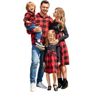 PATPAT Family Matching Outfits Mommy and Me Dresses Matching Set Long Sleeve Plaid Midi Dress and Casual Button Down Shirts (6-7 Years, Black)